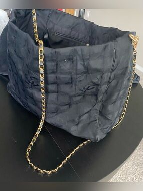 CHANEL Black Quilted Nylon Shoulder Bag with Chain-Trim Strap